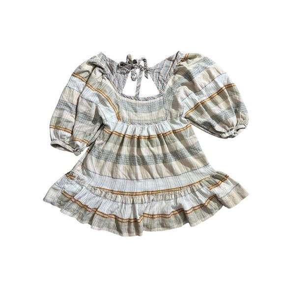 Free People Striped Puff Sleeve Mini Dress Cottage Core Boho Smocked Dress Sz L - Picture 7 of 16